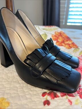 Beautiisoul by Robyn Shreiber Italian Black leather Fringe Leather Shoes Heels